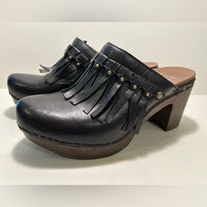 Dansko Black Leather Mules with Fringe